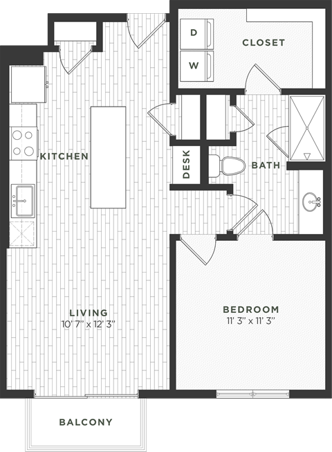 Floor plan for 1 bed, 1 bath, 741 sqft